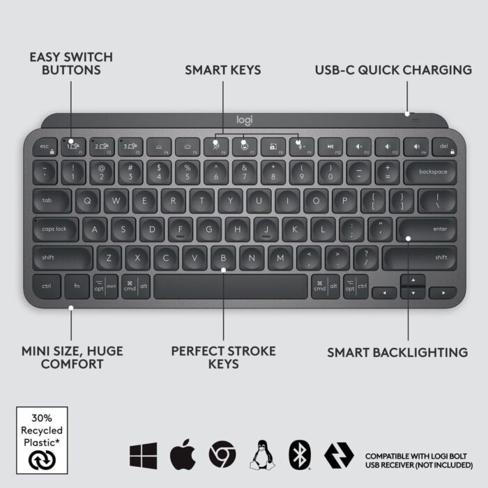 Logitech MX Keys Mini Minimalist Wireless Illuminated Keyboard, Compact, Bluetooth, Backlit, USB-C, Compatible with Apple macOS, iOS, Windows, Linux, Android, Metal Build-Graphite -097855169655 - Image 2