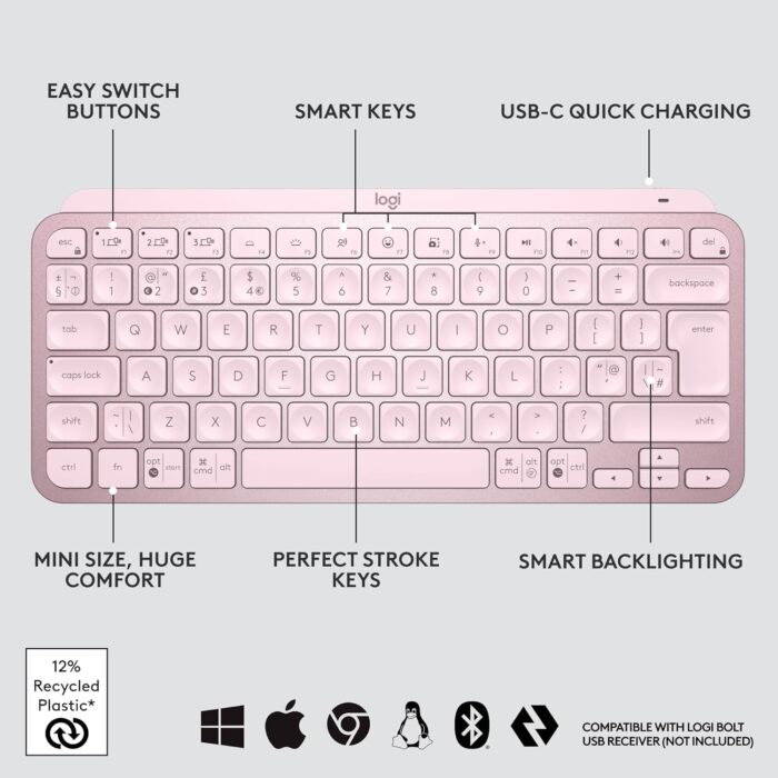 Logitech MX Keys Mini Minimalist Wireless Illuminated Keyboard, Compact, Bluetooth, Backlit, USB-C, Compatible with Apple macOS, iOS, Windows, Linux, Android, Metal Build - ROSE -097855169679 - Image 2